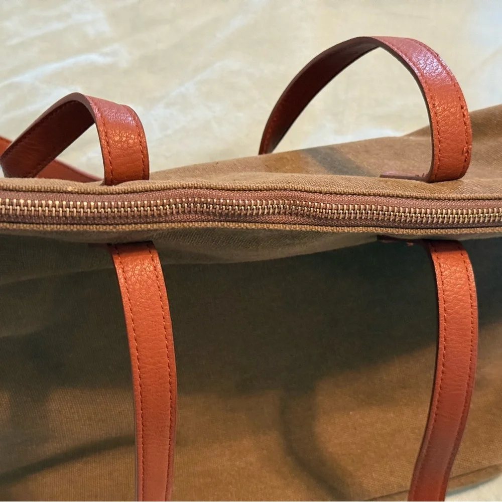 Olive Green Canvas Laptop Tote Bag Brown Shoulder Strap